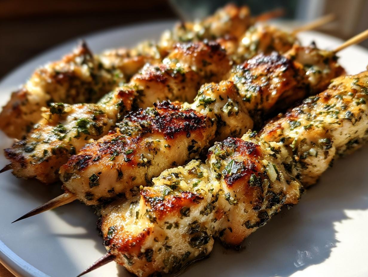 Delicious Hähnchen-Spieße mit Knoblauch und Parmesan, grilled and seasoned with herbs.