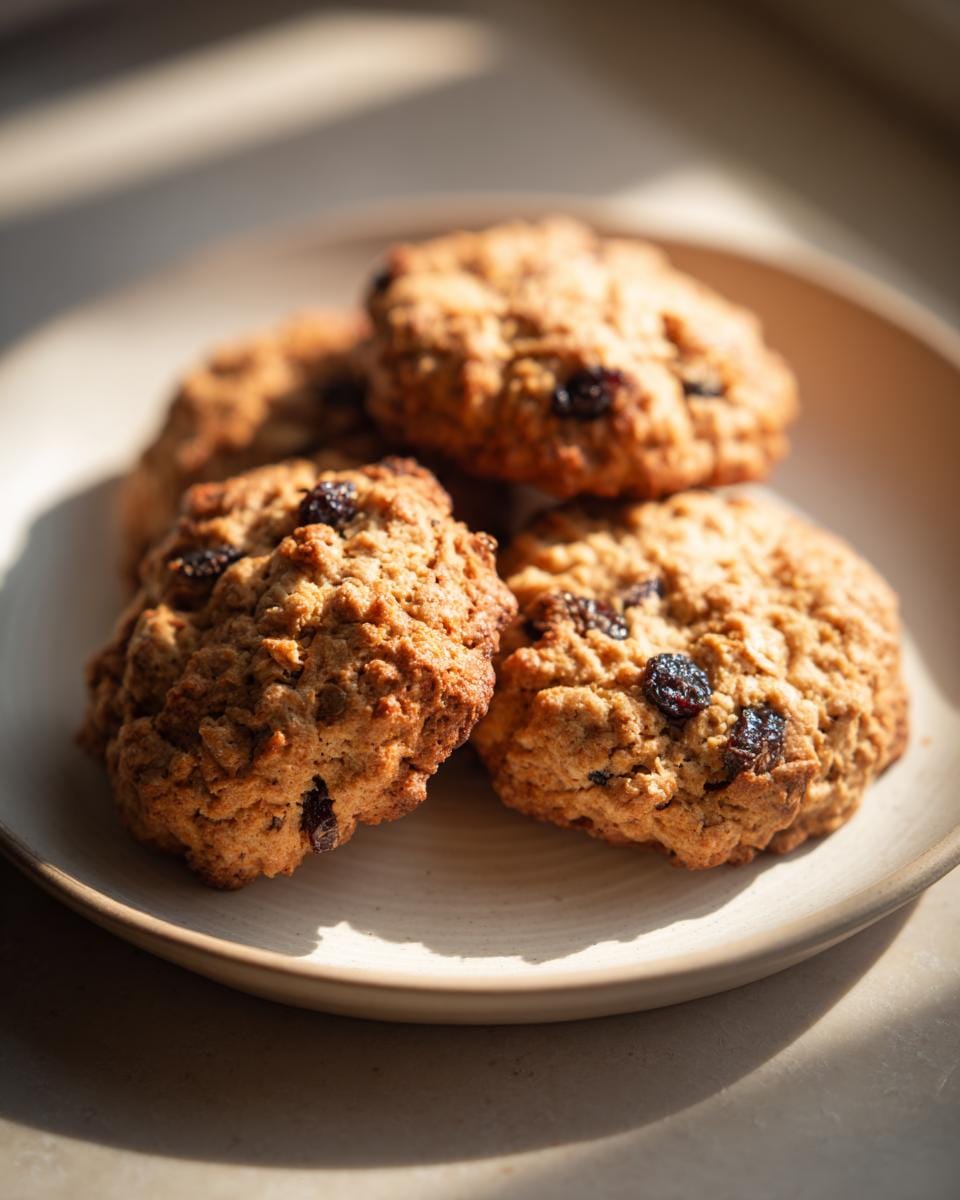 Close-up of Haferflockenkekse mit Rosinen (oatmeal raisin cookies) on a plate, showing texture and ingredients.