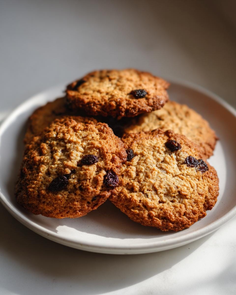 A plate of delicious Haferflockenkekse mit Rosinen (oatmeal raisin cookies).