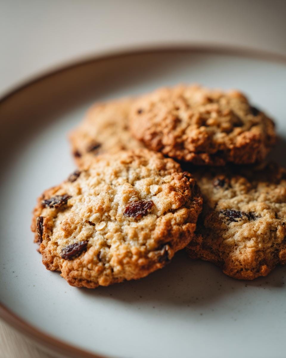 Close-up of Haferflockenkekse mit Rosinen (oatmeal raisin cookies) stacked on a plate.