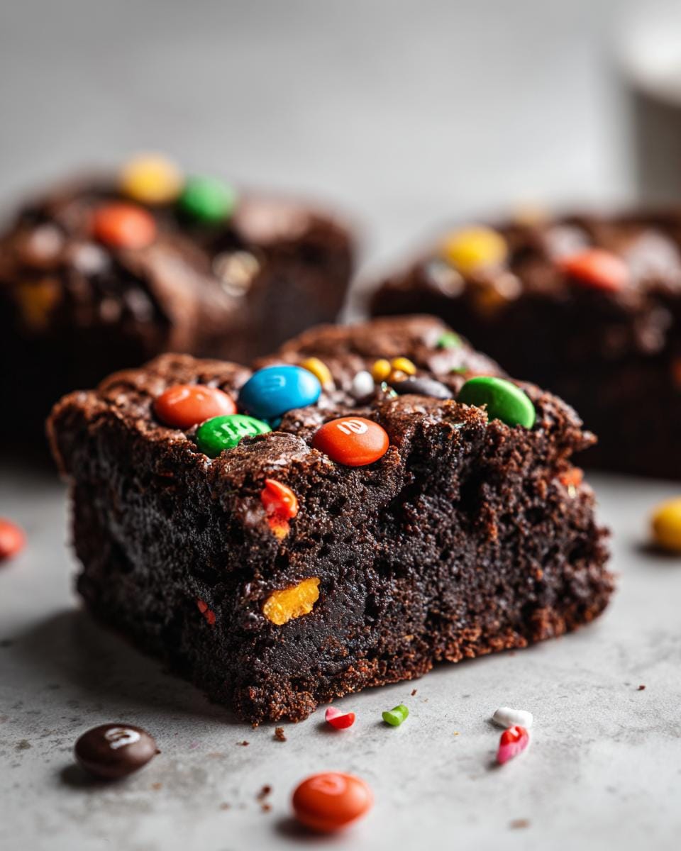 Close-up of a Halloween Brownie topped with colorful candies, perfect for a spooky treat.