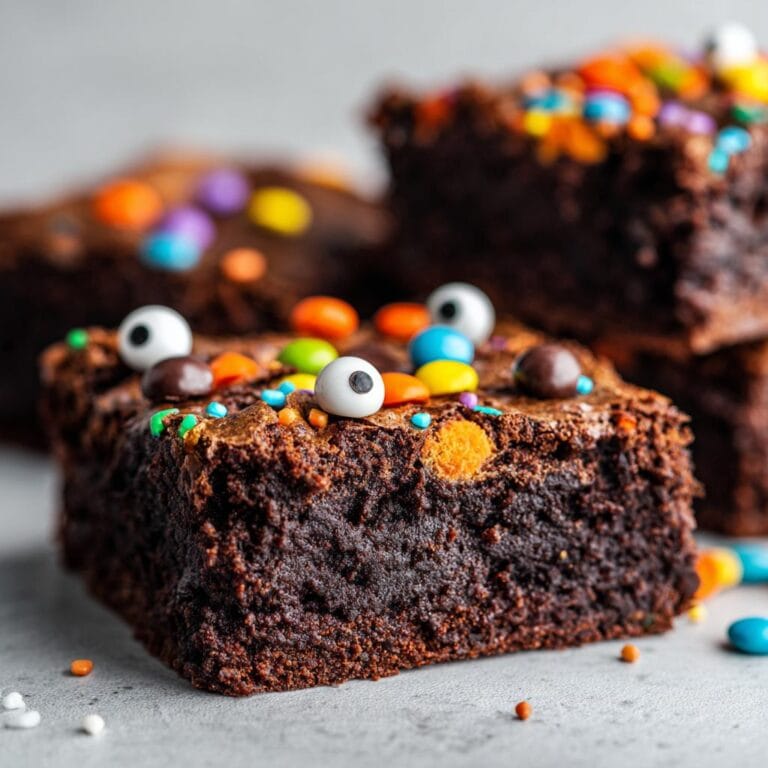 Close-up of Halloween Brownies decorated with candy eyes and colorful sprinkles.