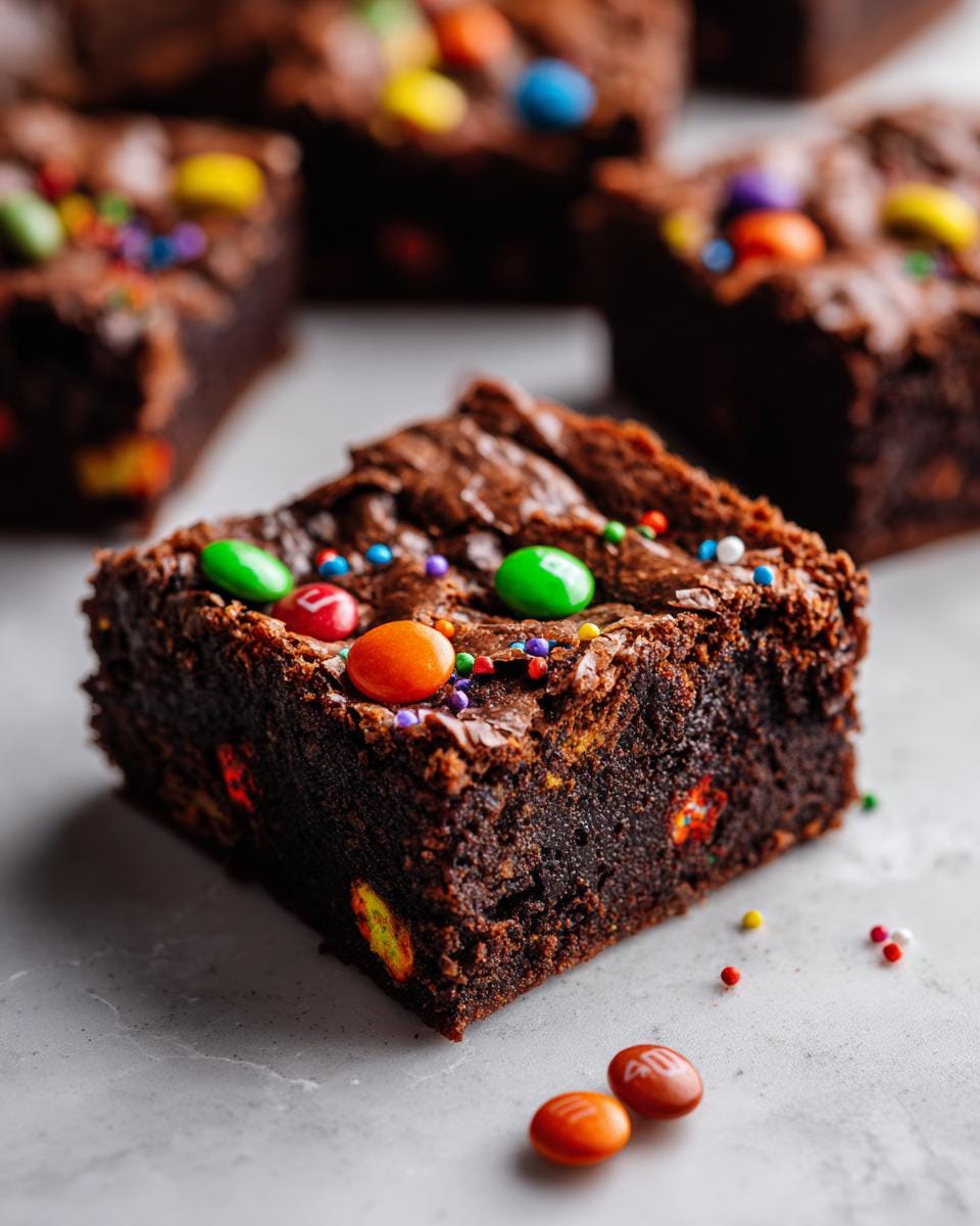 Close-up of a Halloween Brownie topped with colorful candies and sprinkles.