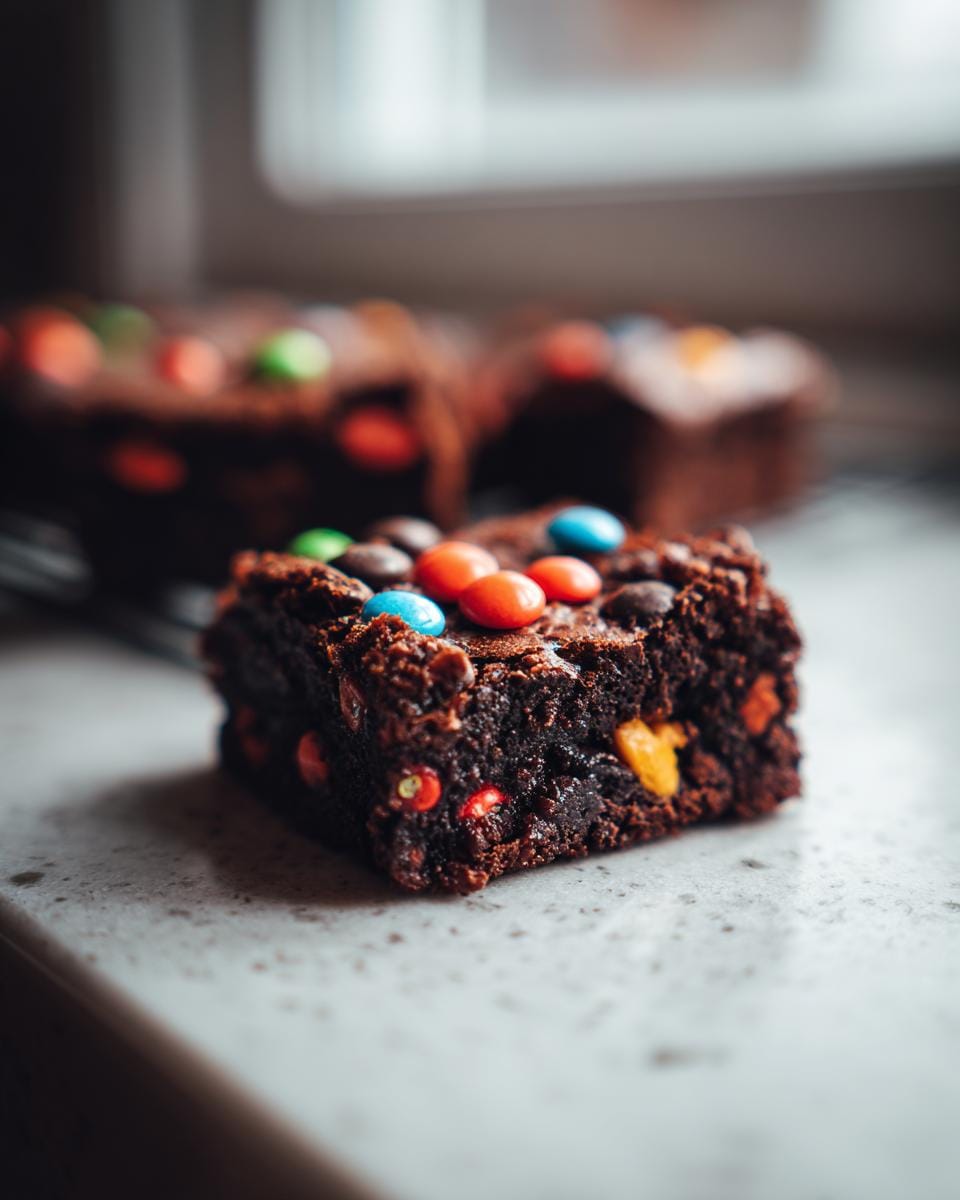 A close-up of a Halloween Brownie topped with colorful candies on a countertop.
