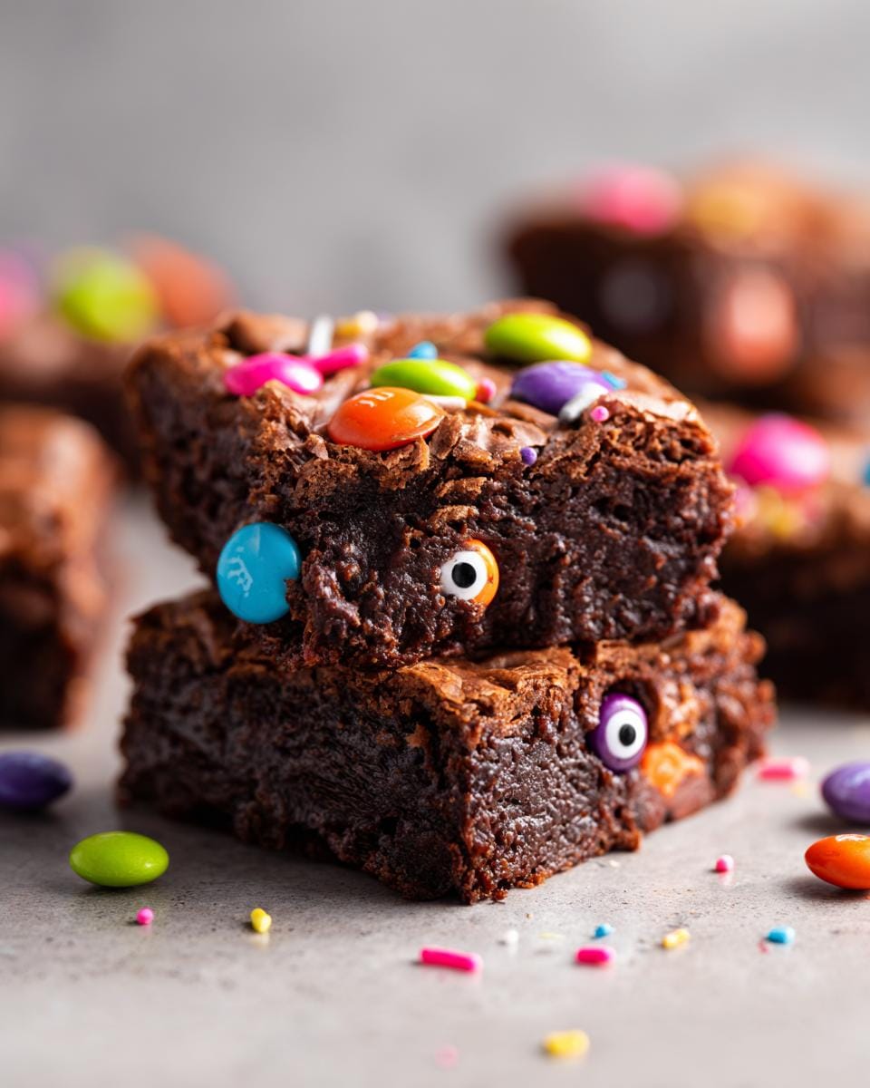 Two stacked Halloween Brownies decorated with candy eyes and colorful sprinkles.