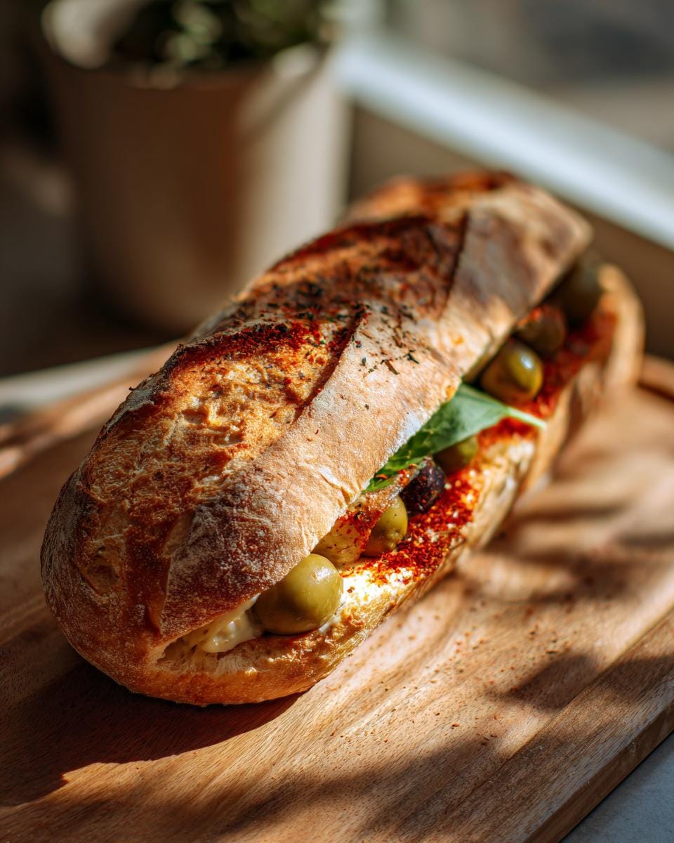 Close-up of a Halloween DIY Sarg-Sandwiches baguette filled with olives, spinach, and sauce on a wooden board.