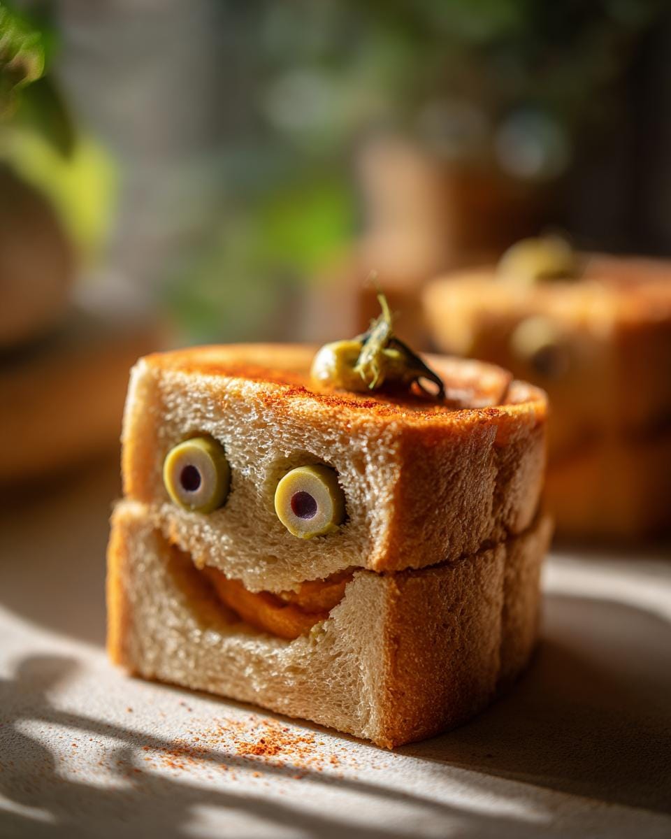 Close-up of Halloween DIY Sarg-Sandwiches with olive eyes and a spooky smile.