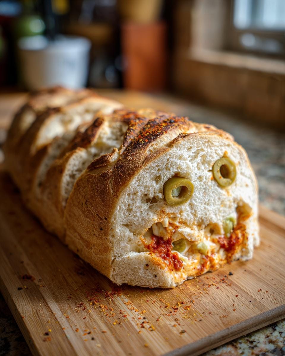 Close-up of Halloween DIY Sarg-Sandwiches, a loaf of bread carved to resemble a coffin with olive eyes.