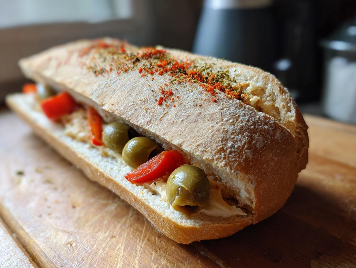 Close-up of a Halloween DIY Sarg-Sandwiches, featuring olives and red peppers on a wooden board.
