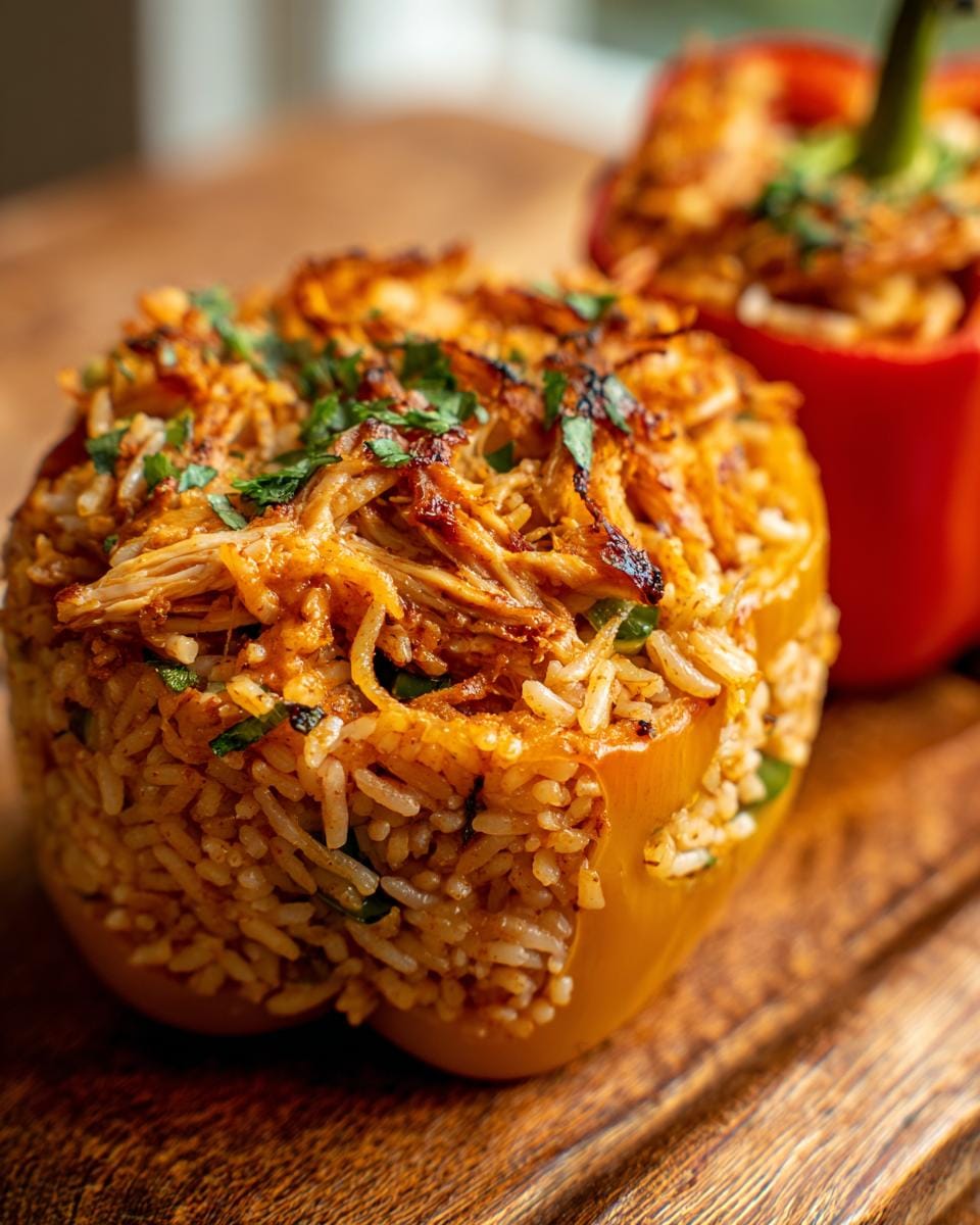 Close-up of Halloween Gefüllte Paprika mit Huhn und Reis, stuffed pepper with chicken and rice filling.