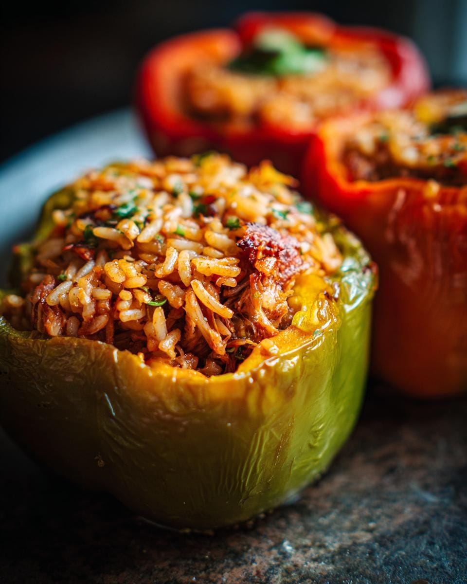 Close-up of Halloween Gefüllte Paprika mit Huhn und Reis (stuffed peppers) in green, red, and orange.