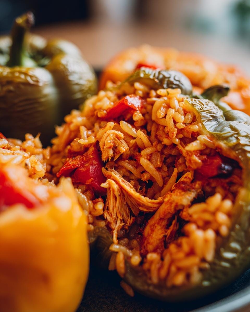 Close-up of Halloween Gefüllte Paprika mit Huhn und Reis, showing the chicken and rice filling.