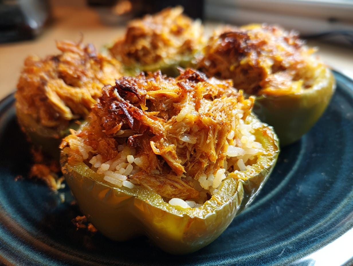 Halloween Gefüllte Paprika mit Huhn und Reis on a blue plate, stuffed peppers.