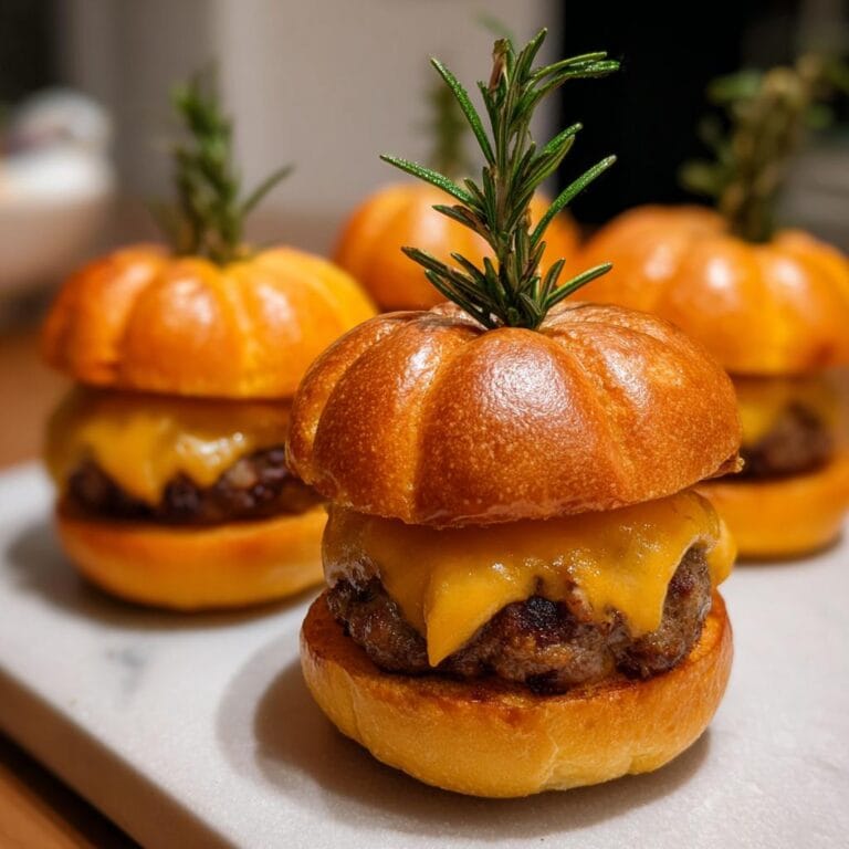 Close-up of Halloween Kürbis-förmige Sliders with cheese and rosemary sprig on a white surface.