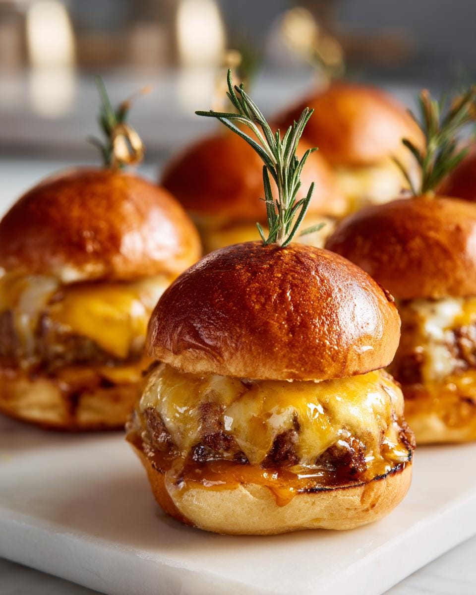 Close-up of Halloween Kürbis-förmige Sliders with melted cheese and rosemary garnish.