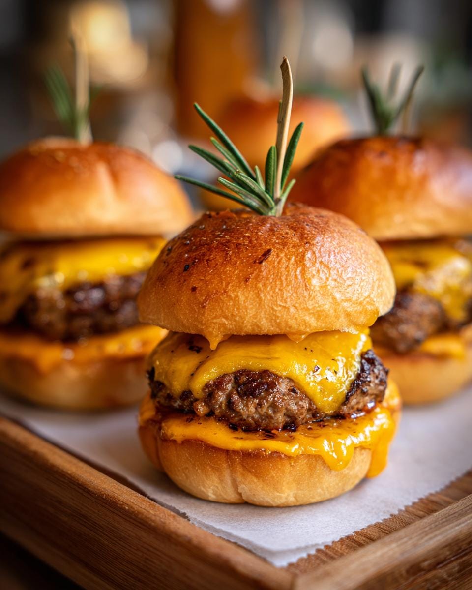Close-up of Halloween Kürbis-förmige Sliders with melted cheese and a rosemary sprig on a wooden board.