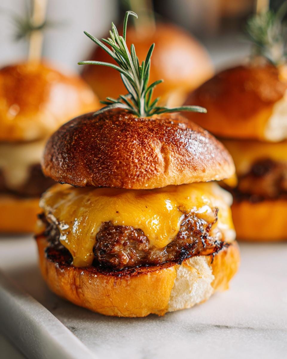 Close-up of Halloween Kürbis-förmige Sliders with melted cheese and rosemary garnish.