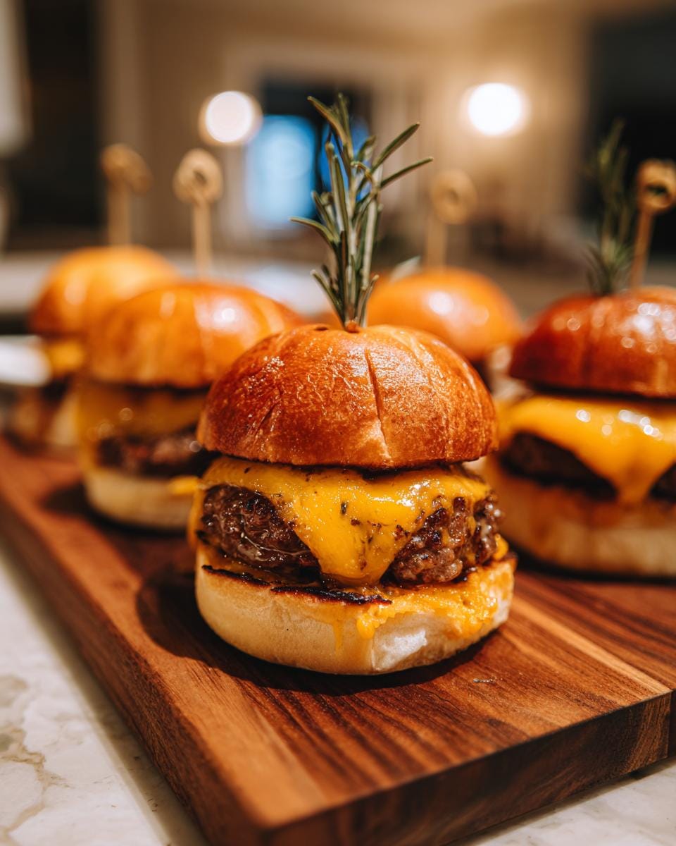 Close-up of Halloween Kürbis-förmige Sliders with cheese on a wooden board, garnished with rosemary.