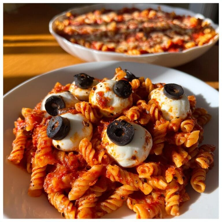 Halloween Pasta Mozzarella-Augen Rezept: Pasta with tomato sauce, mozzarella 'eyes' and black olive pupils.