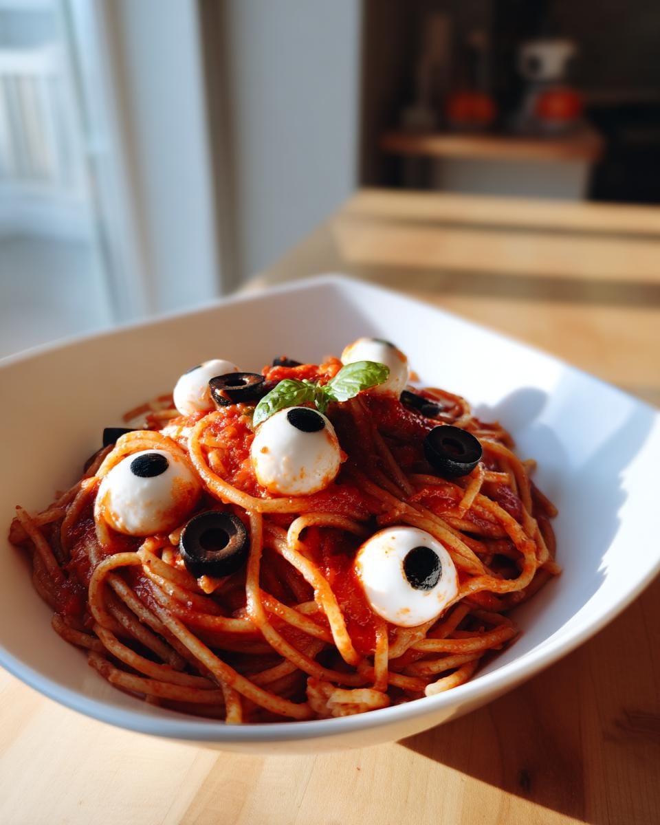 Halloween Pasta Mozzarella-Augen Rezept: Pasta with tomato sauce, mozzarella eyes, and black olives.