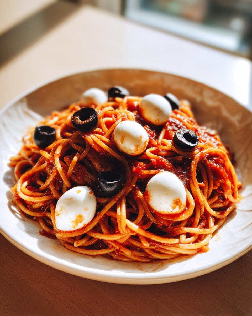 Halloween Pasta Mozzarella-Augen Rezept: Pasta with tomato sauce, mozzarella 'eyes', and black olives.