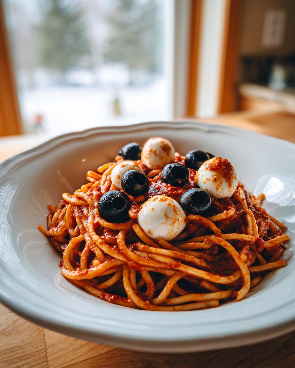 Halloween Pasta Mozzarella-Augen Rezept: Pasta with tomato sauce, mozzarella and olives.