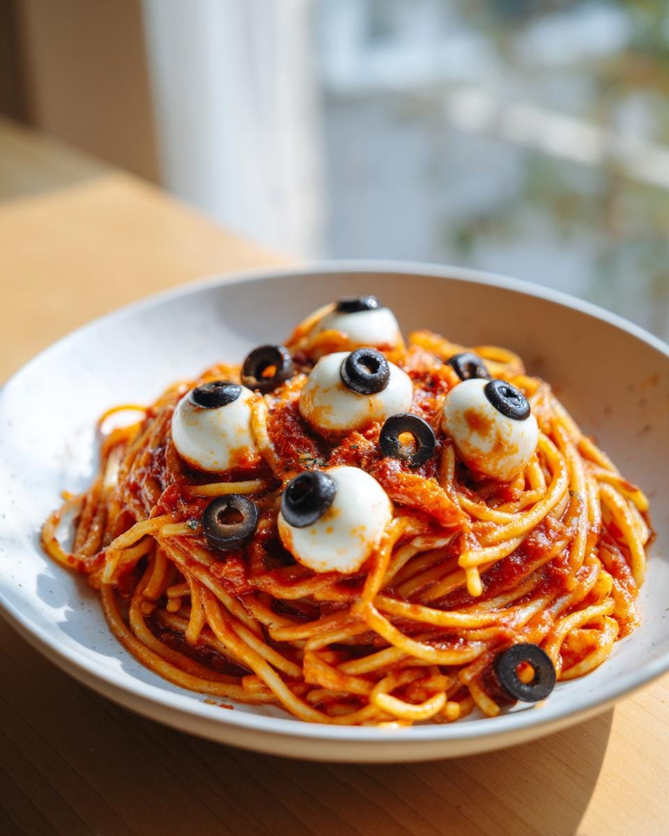 Close-up of Halloween Pasta Mozzarella-Augen Rezept with spaghetti, tomato sauce, mozzarella eyes and olive slices.
