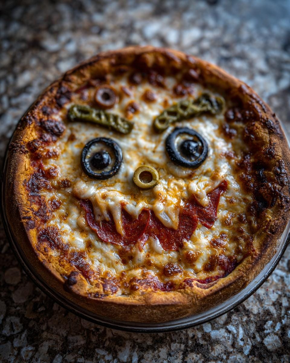A Halloween Pizza Margherita decorated with olives and pepperoni to resemble a spooky face.