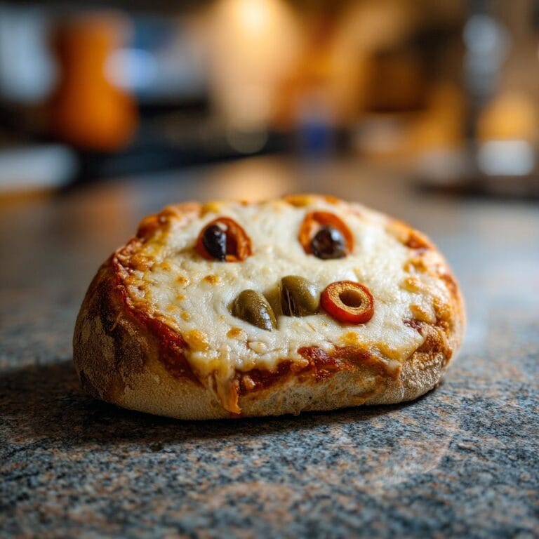 A fun Halloween Pizza Margherita with a face made of olives and peppers on a cheesy pizza.