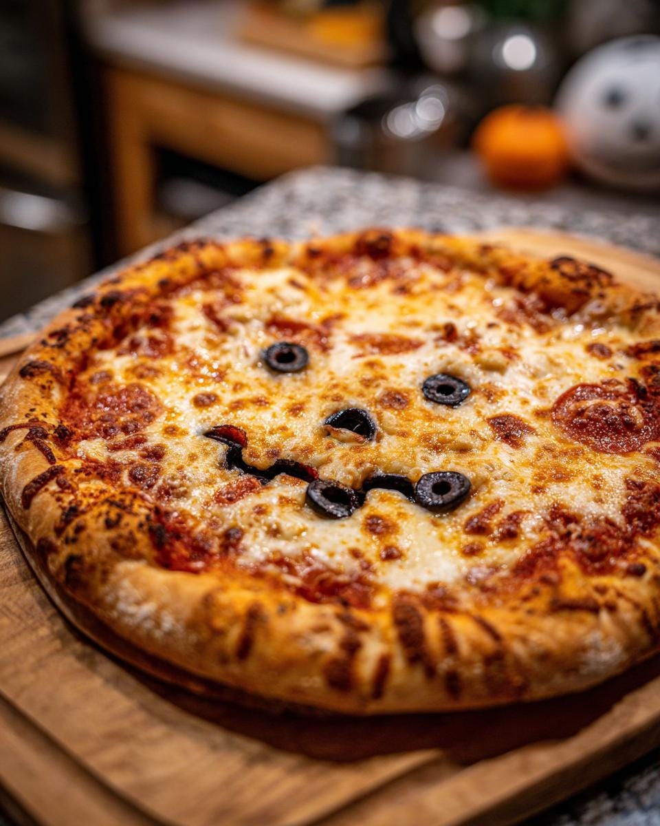 Overhead shot of a Halloween Pizza Margherita with a face made of olives on a wooden board.