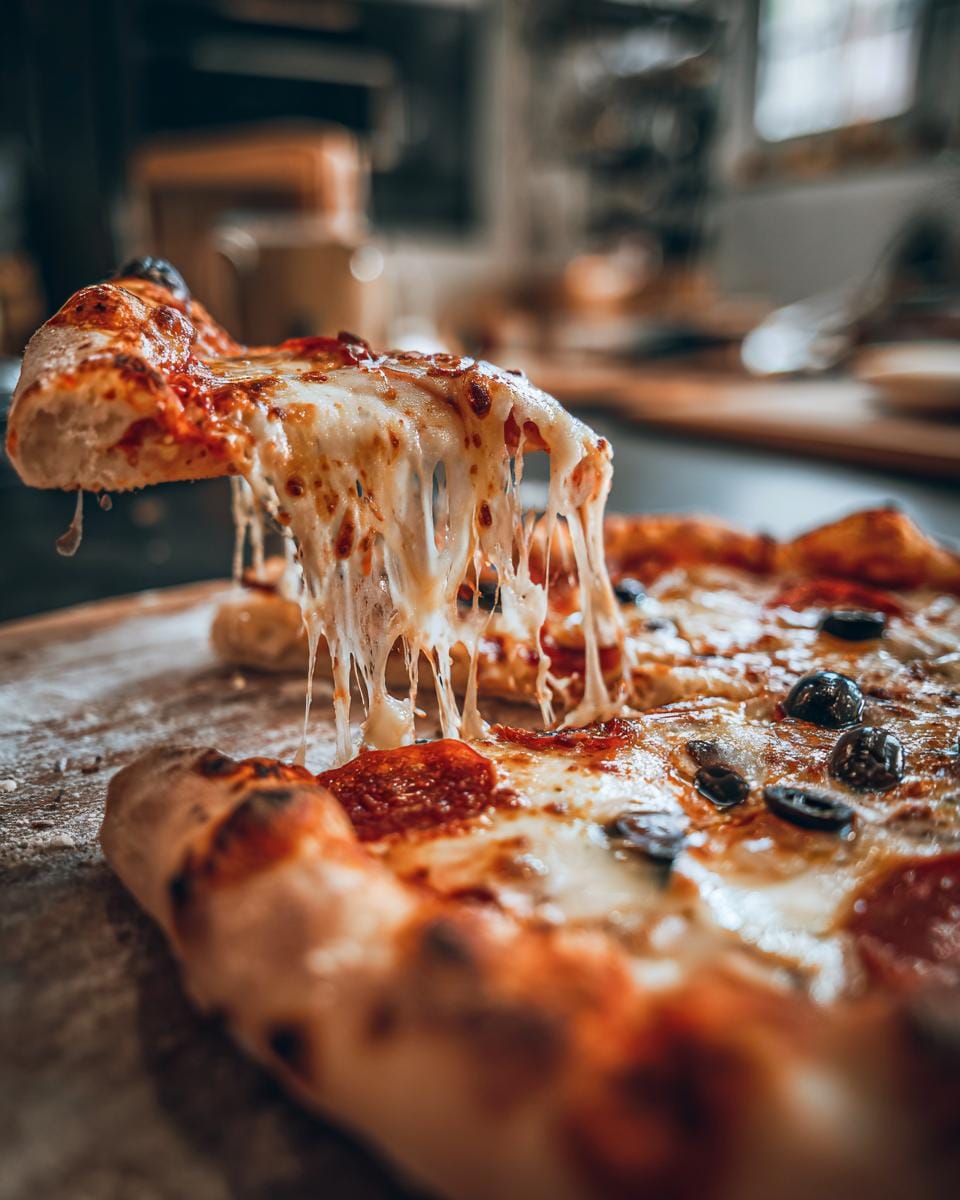 A slice of Halloween Pizza Margherita with a cheesy pull, featuring pepperoni and black olives.