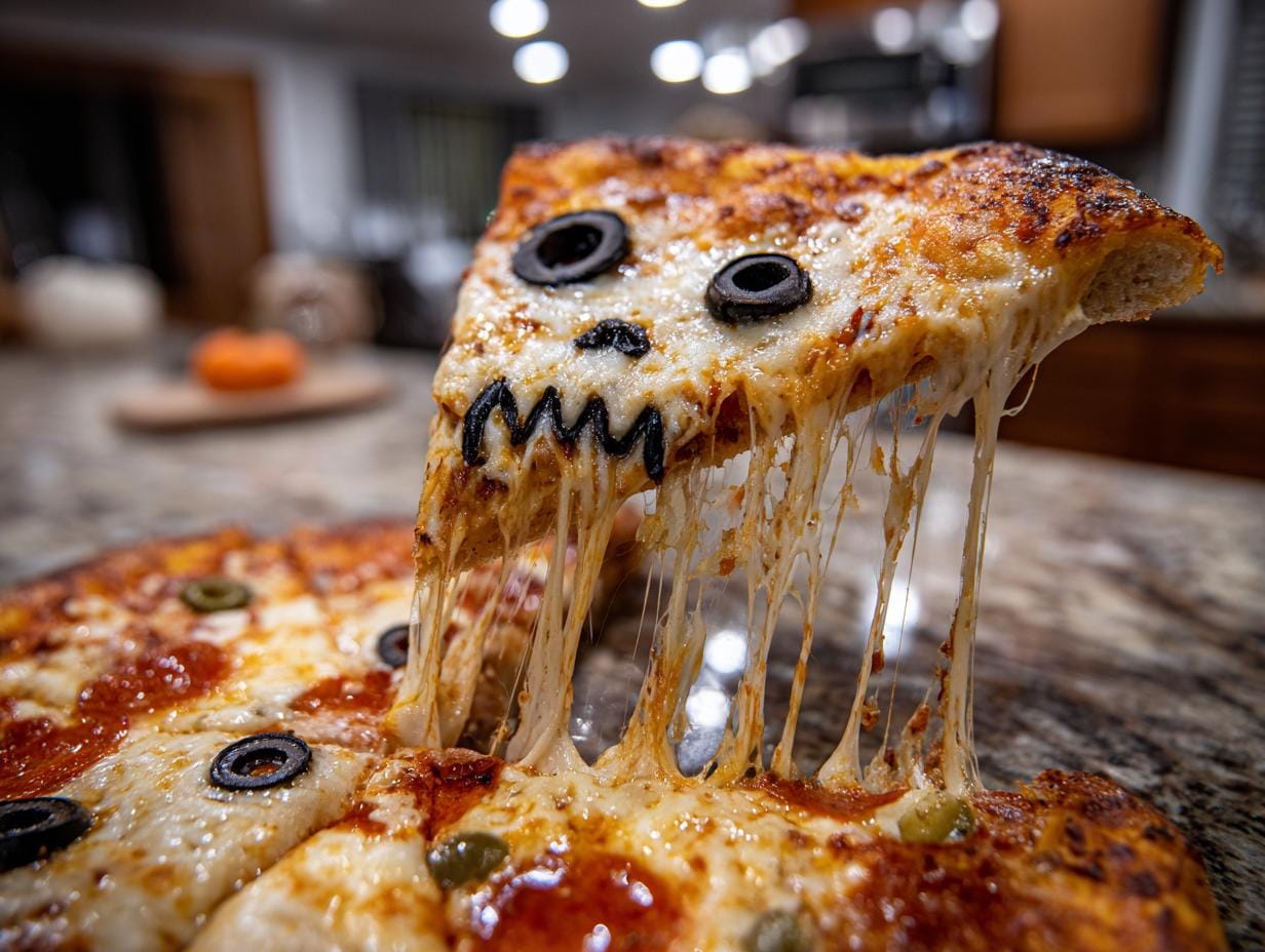 A slice of Halloween Pizza Margherita with a spooky face made of olives and cheese, dripping with melted cheese.