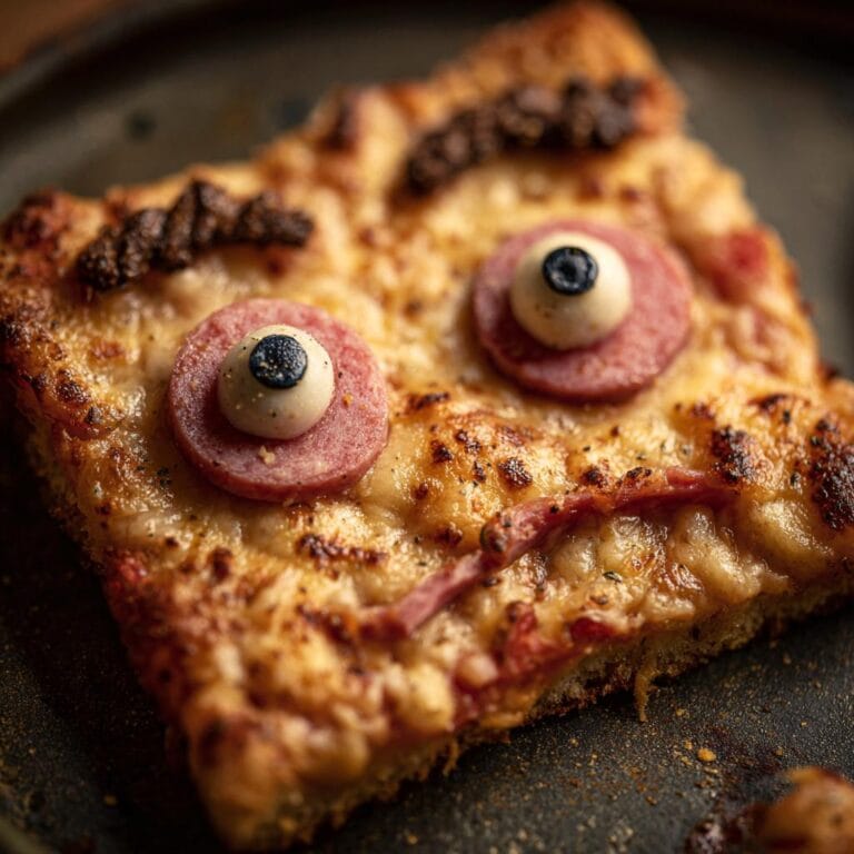 A slice of Halloween Salami-Mozzarella-Augen pizza with salami 'eyes' and mozzarella 'pupils'.