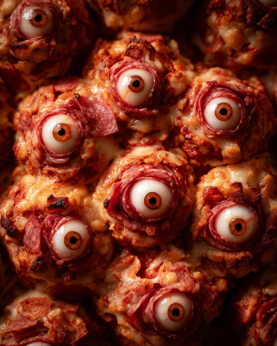 Close-up of Halloween Salami-Mozzarella-Augen Recipe, featuring spooky eyeball appetizers.