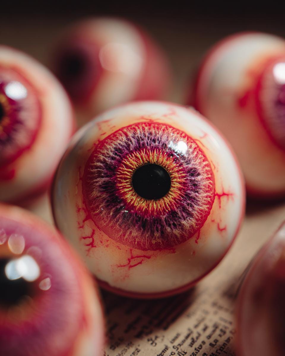 Close-up of Halloween Salami-Mozzarella-Augen Recipe decoration, showing realistic edible eyeballs.
