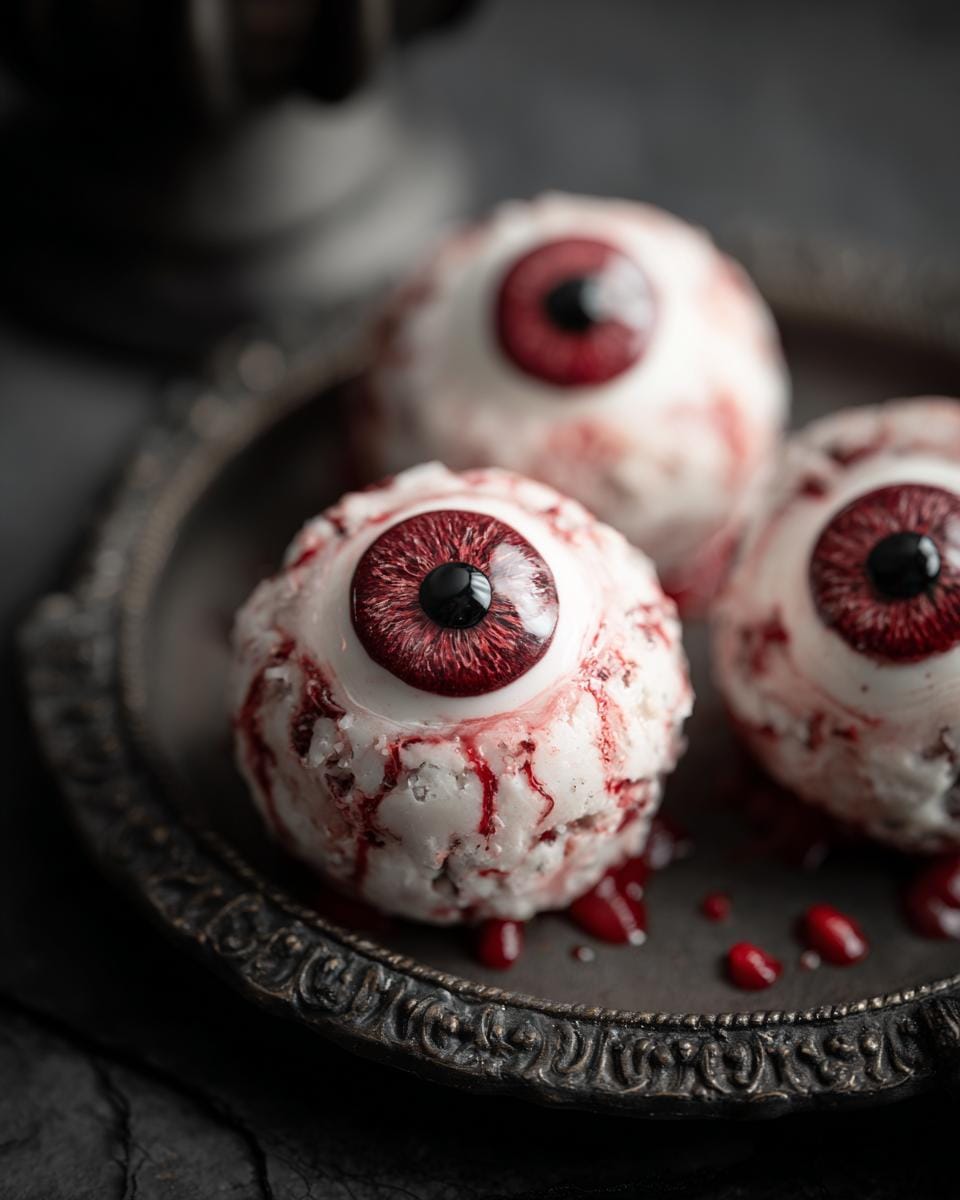 Close-up of Halloween Salami-Mozzarella-Augen Rezept, featuring spooky eyeball appetizers on a decorative plate.