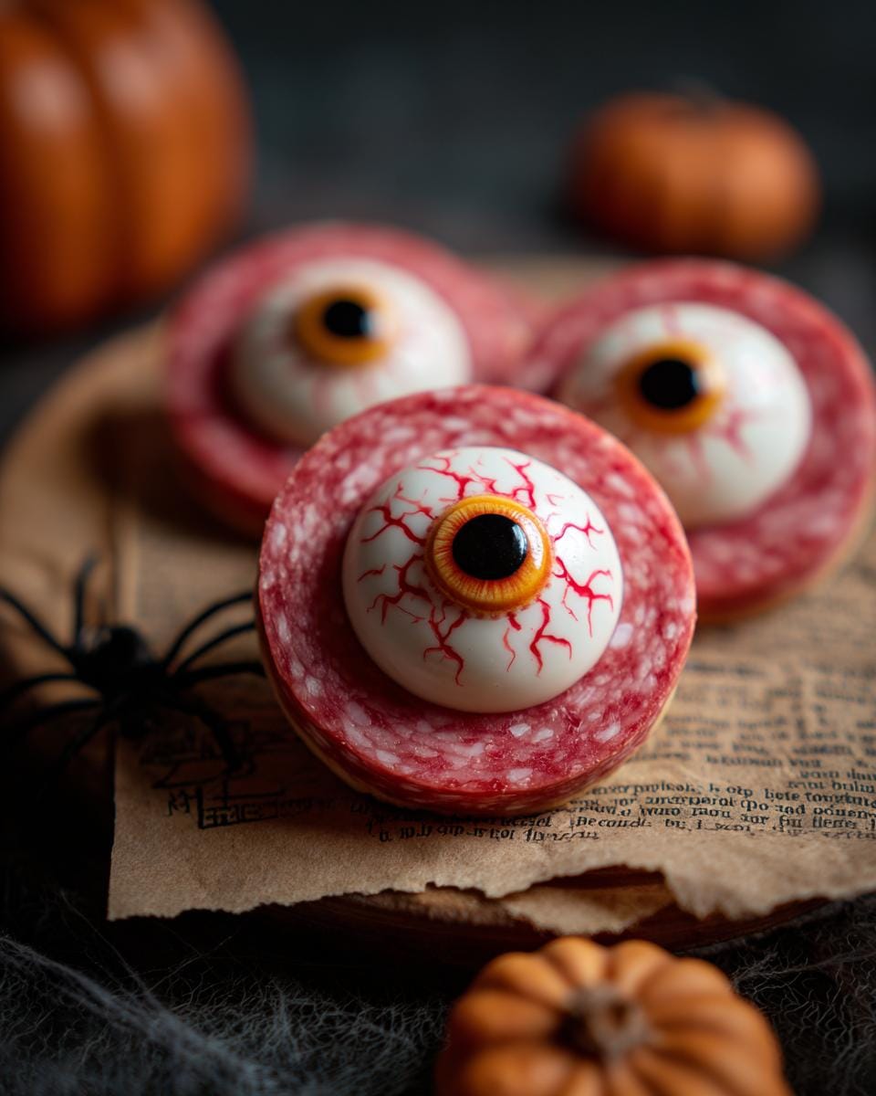 Close-up of Halloween Salami-Mozzarella-Augen Rezept: salami slices topped with mozzarella eyeballs.
