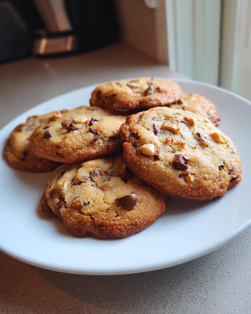 A plate of freshly baked Haselnusskekse mit Schokolade (hazelnut cookies with chocolate).
