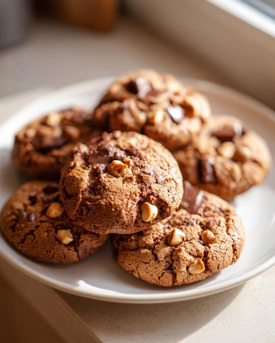 A plate of freshly baked Haselnusskekse mit Schokolade, showcasing their rich texture and chocolate chunks.