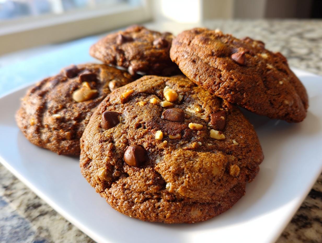 Close-up of homemade Haselnusskekse mit Schokolade (hazelnut cookies with chocolate) on a white plate.