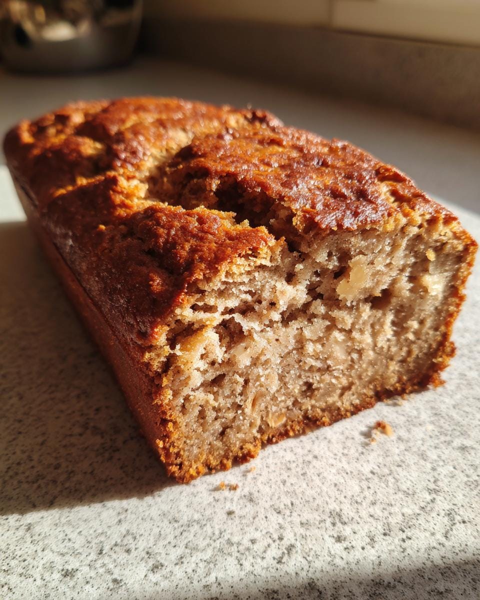 A loaf of High-Protein Bananenbrot mit Griechischem Joghurt on a table, showing the cut end.