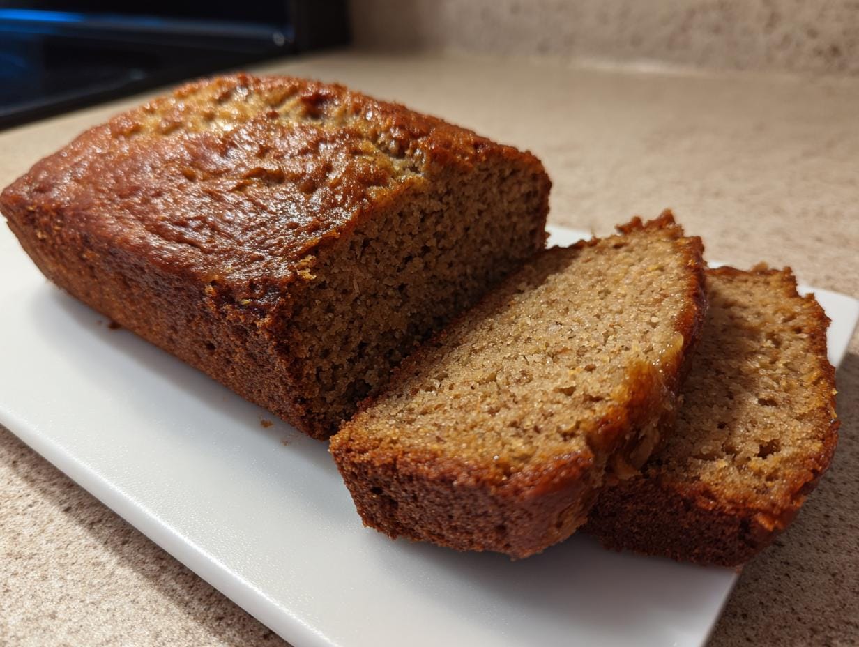 A loaf of High-Protein Bananenbrot mit Griechischem Joghurt, with two slices cut, on a white cutting board.