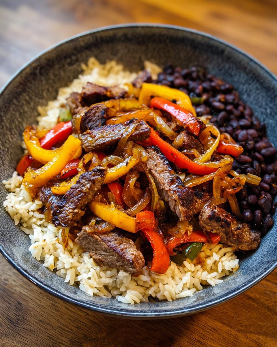 A vibrant High-Protein Steak-Fajita-Bowl with rice, black beans, steak, and colorful peppers.