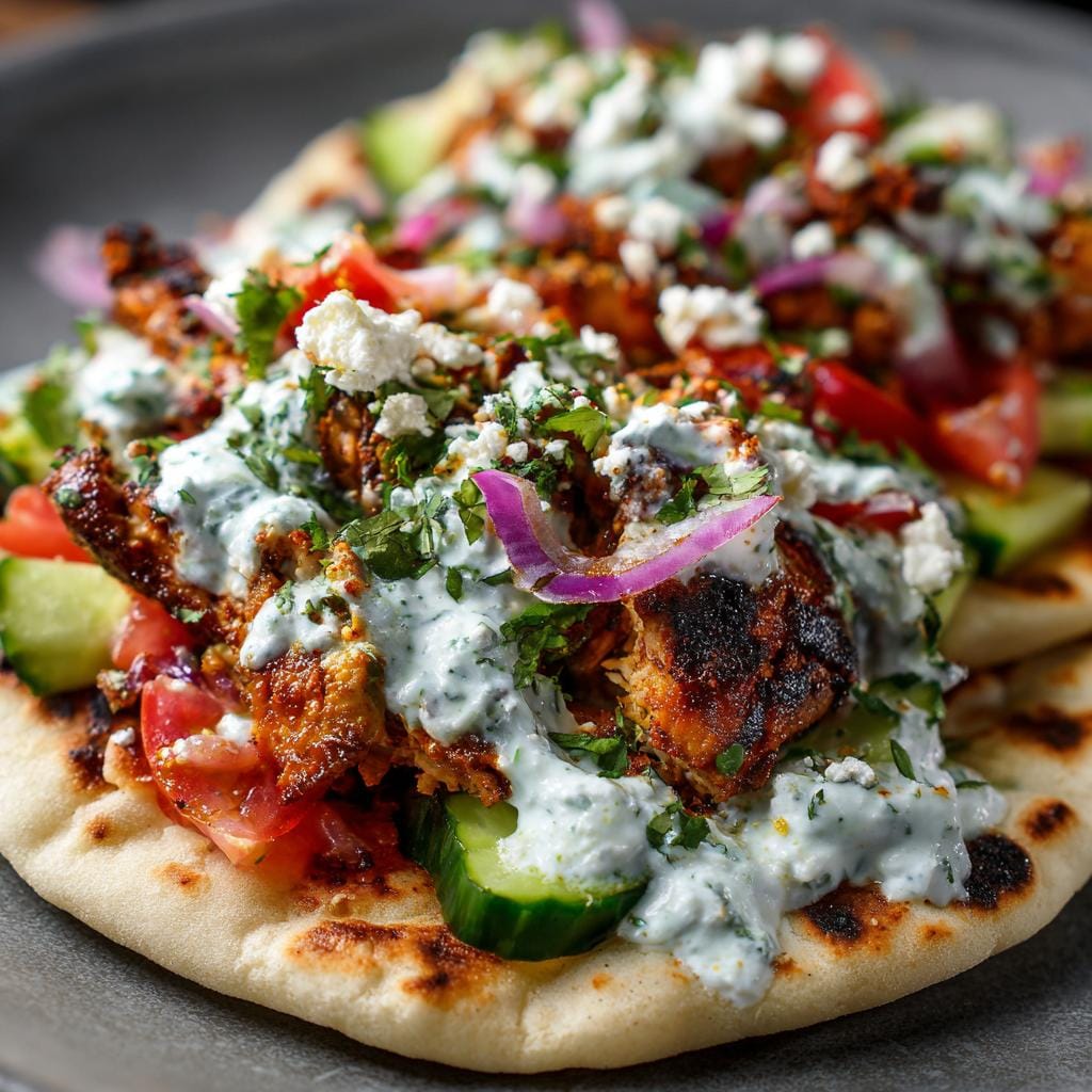 Close-up of a High-Protein Steak-Fajita-Bowl with steak, vegetables, feta, and creamy sauce on flatbread.