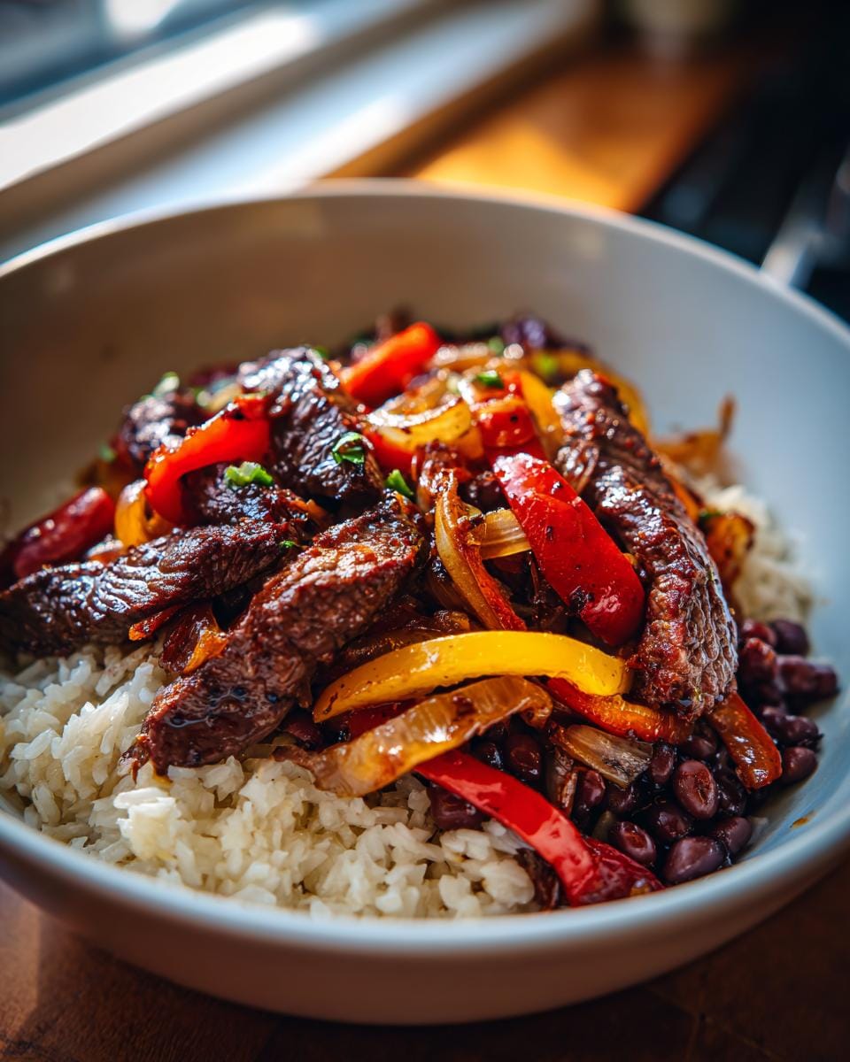 A vibrant High-Protein Steak-Fajita-Bowl with rice, beans, peppers, onions, and steak.