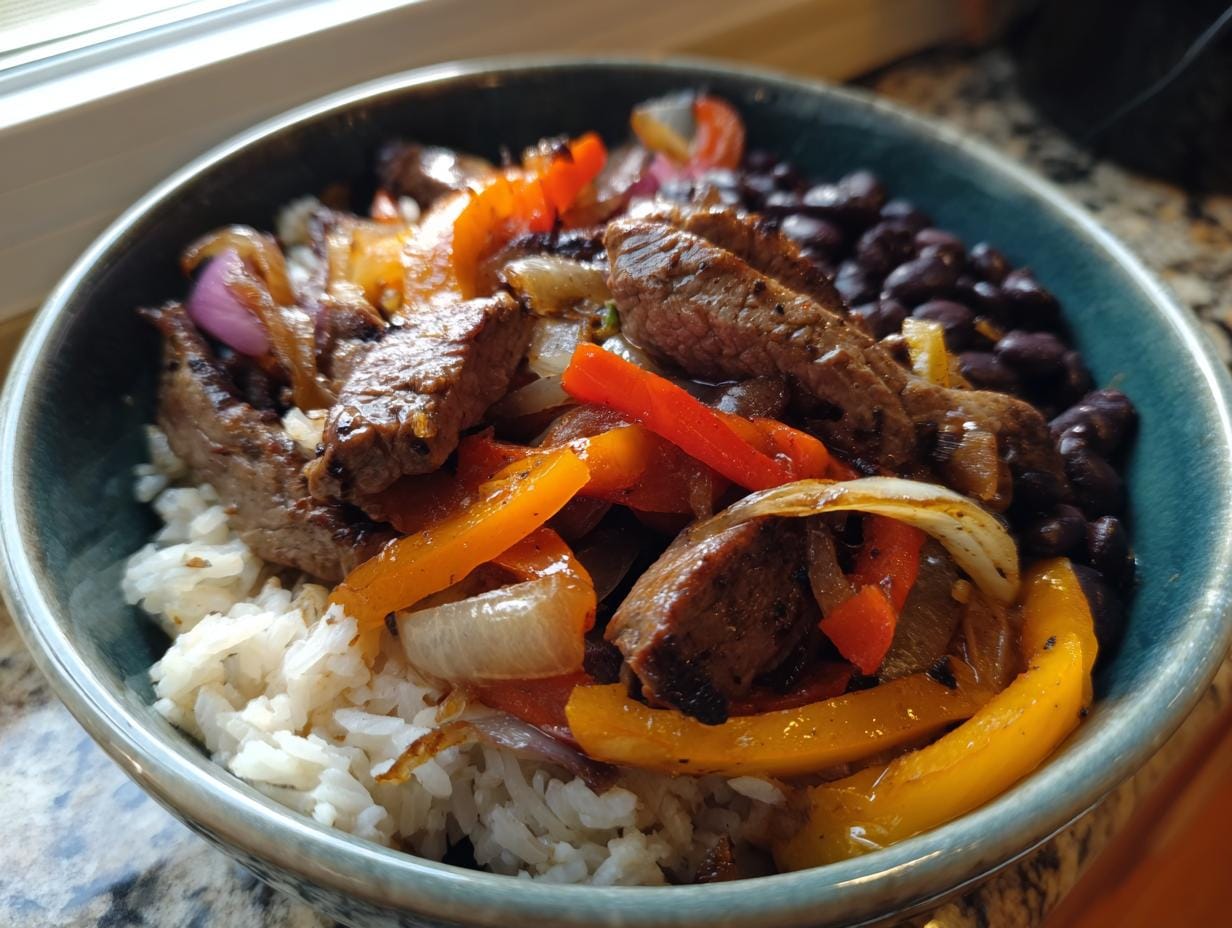 A colorful High-Protein Steak-Fajita-Bowl with rice, steak, peppers, onions, and black beans.