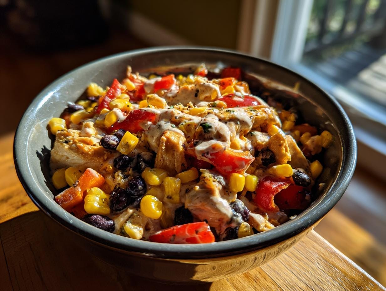 Bowl of High-Protein Südwest-Hähnchensalat with chicken, corn, beans, and peppers.