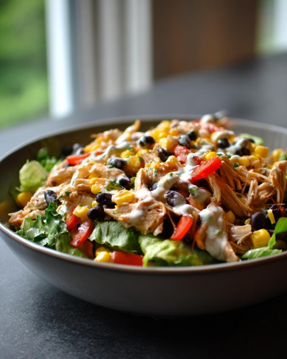 Schüssel mit High-Protein Südwest-Hähnchensalat, mit Hähnchen, Mais, Bohnen und Dressing.