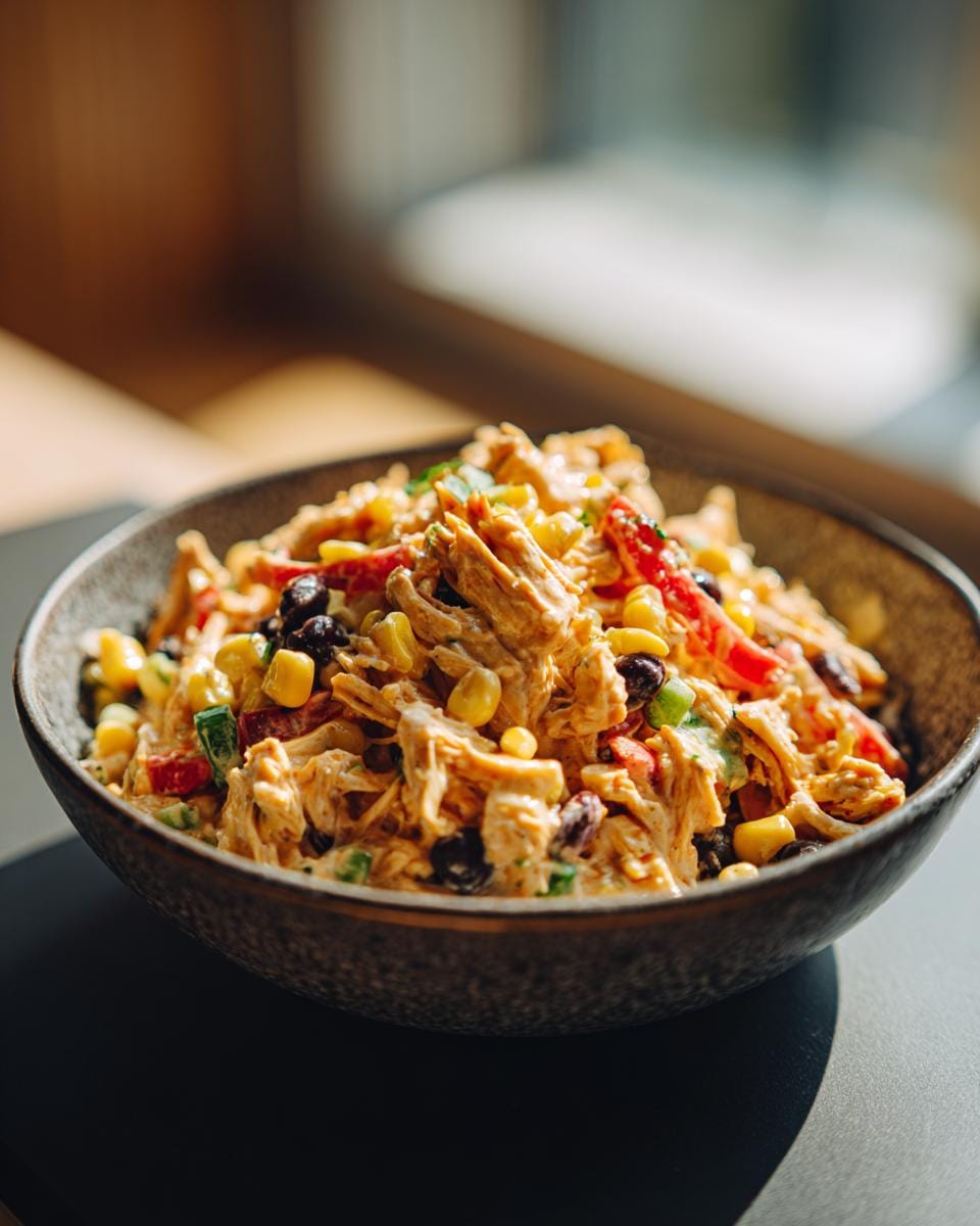 A bowl of High-Protein Südwest-Hähnchensalat with chicken, corn, black beans, and peppers.