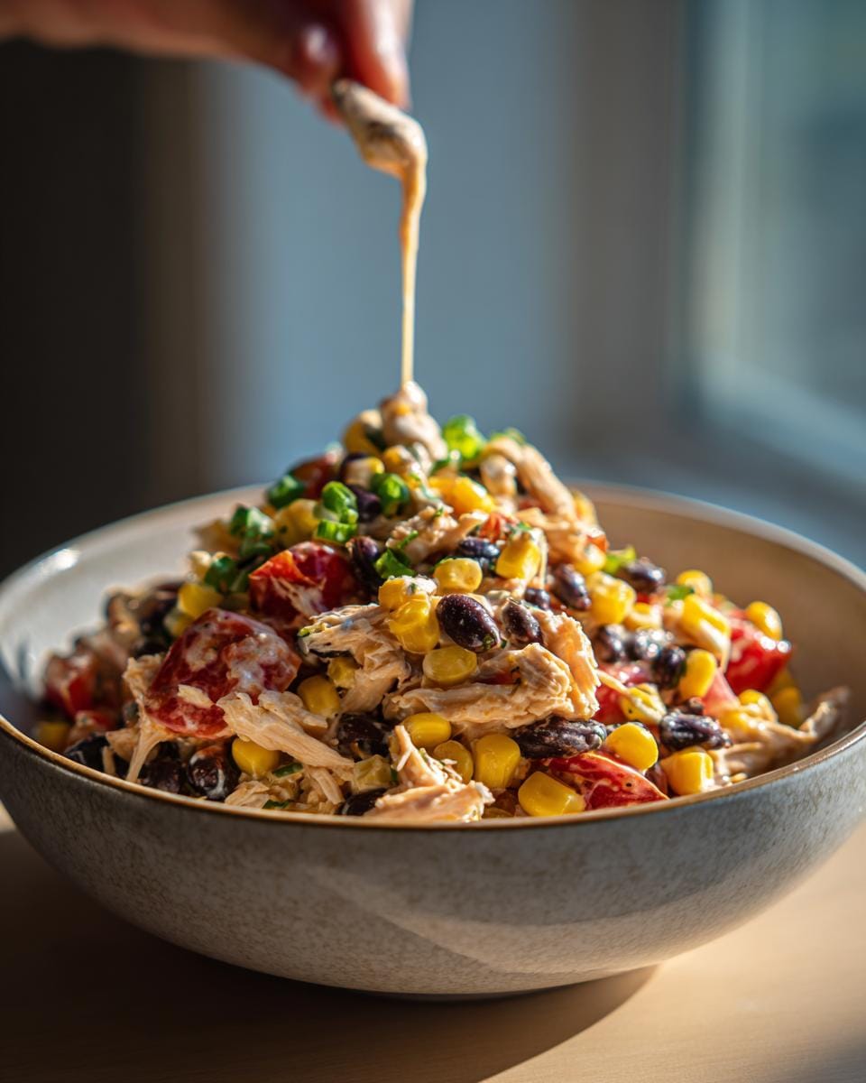 High-Protein Südwest-Hähnchensalat in a bowl being drizzled with dressing. Contains chicken, corn, beans, and tomatoes.